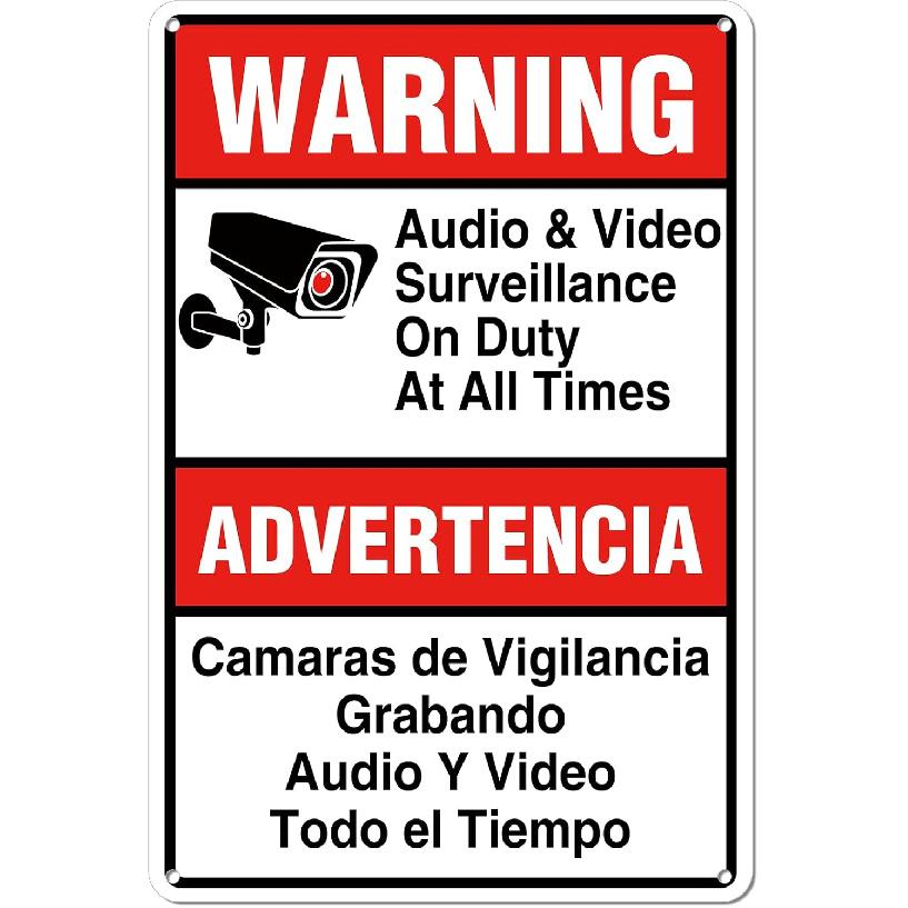 Señal de vigilancia de audio y video de advertencia - 7.8  x 11.9  - Señal de aluminio resistente, videovigilancia en inglés y español (151)