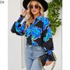 DX2018-8127 # - New Top Casual Print Bubble Shoulder Lantern Long Sleeve Shirt Women