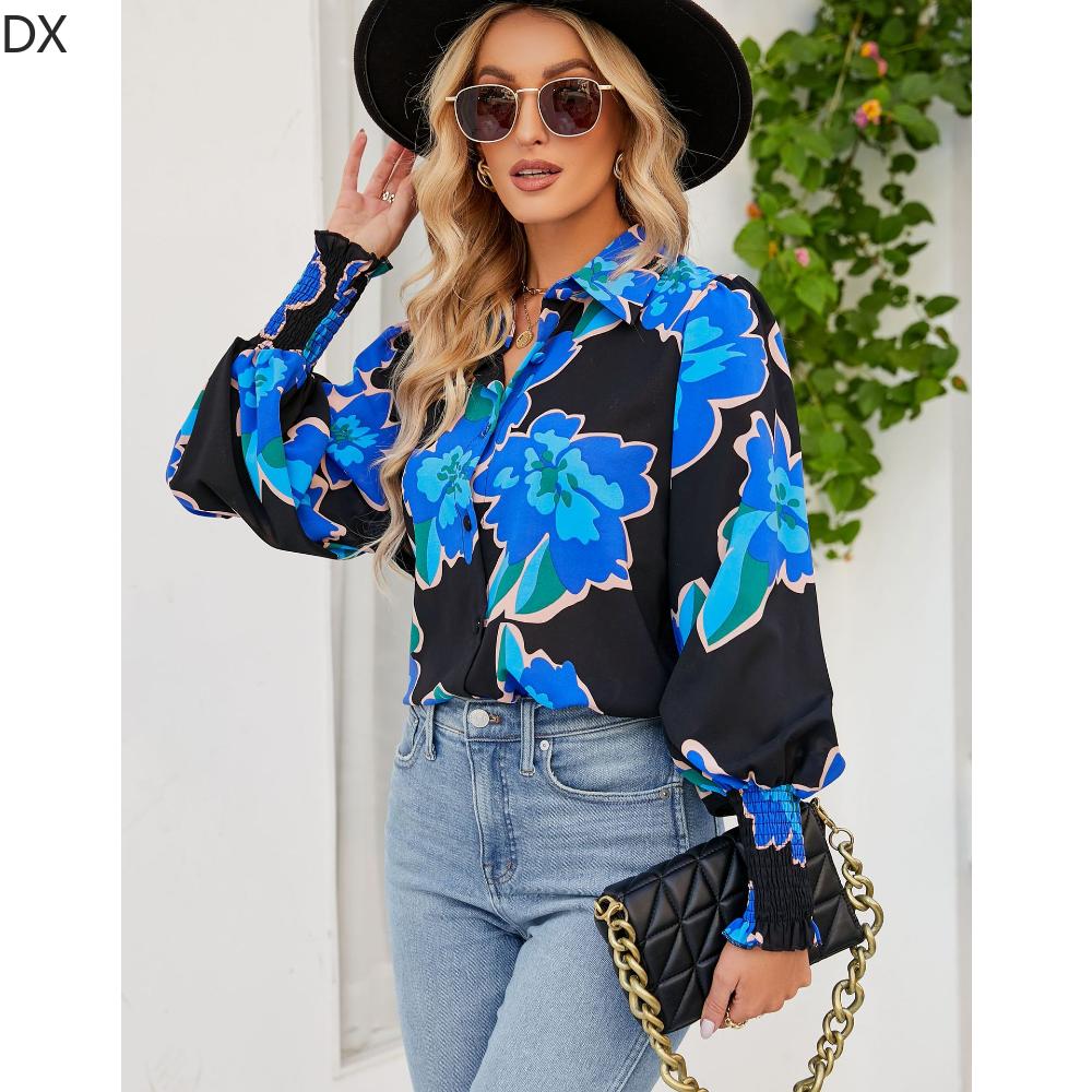 DX2018-8127 # - New Top Casual Print Bubble Shoulder Lantern Long Sleeve Shirt Women