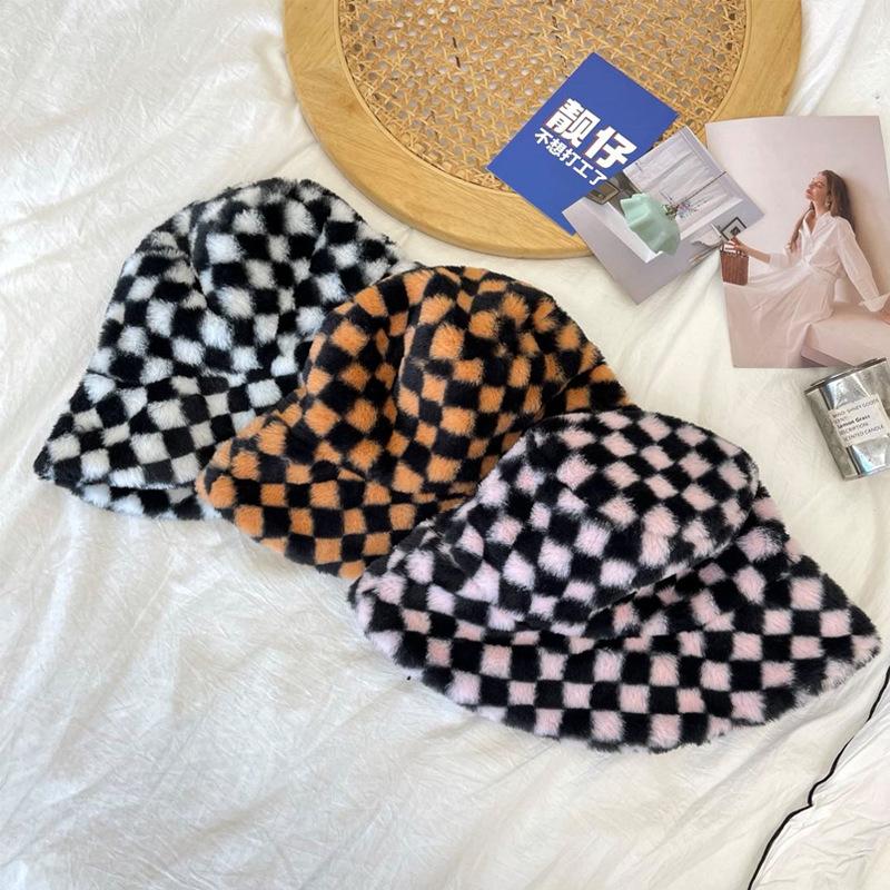 Plaid Fashion Checkerboard Plush Fishermans Hat Female Autumn And Winter Warmth
