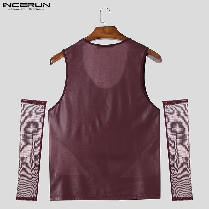 INCERUN Männer Glatte Ärmellose Patchwork Mesh Sheer Oversleeve Casual Tank Tops
