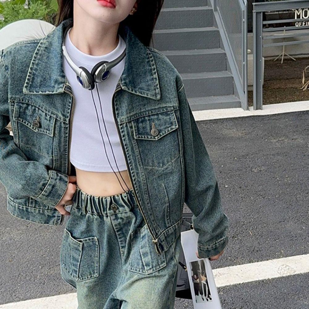 Wide Leg Pants Children Cowboy Set Loose Girls Clothes Set Fashion Jeans Jacket Suit Summer Autumn