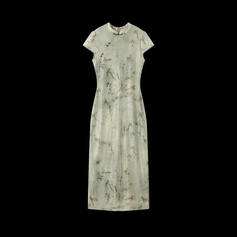 Mohan Yimei New Chinese Style Elegant Mesh Slit Qipao Dress