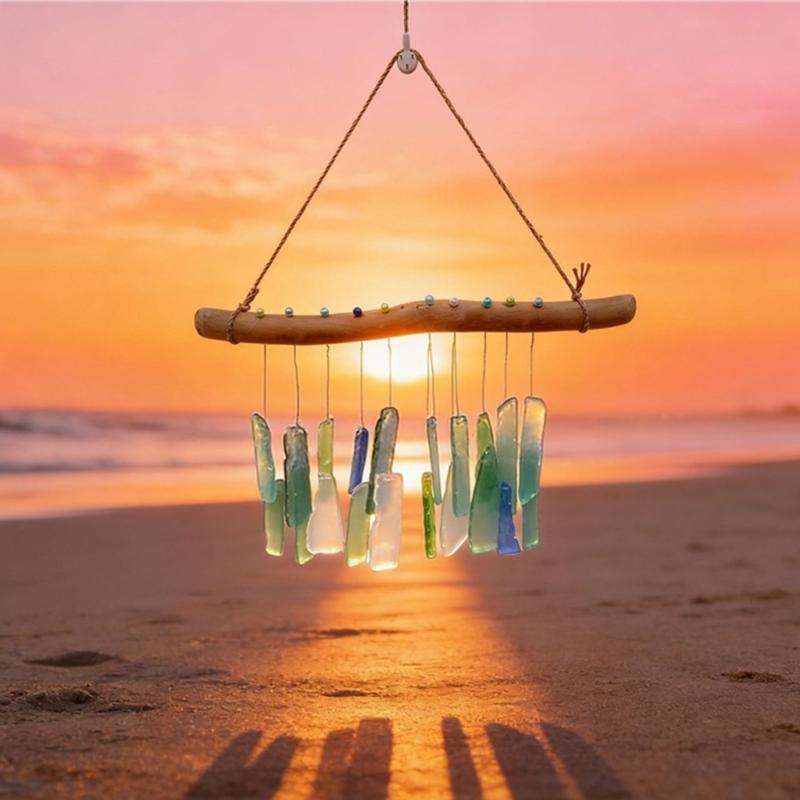 Campanelli a Vento in Vetro di Mare e Legno Galleggiante Campanelli Musicali Campanelli a Vento Artigianali Decorazioni da Appendere sulla Spiaggia Decorazione per Giardino Esterno