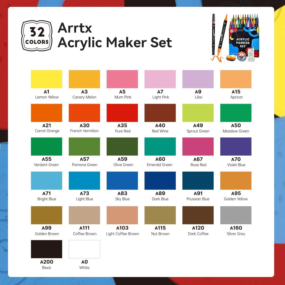 Arrtx Acrylic Paint Pen Markers 32 Colors Dual Tip Art Markers for Kids and Adults Acrylic Markers for Rock DIY Craft Supplies Painting, Fabric,