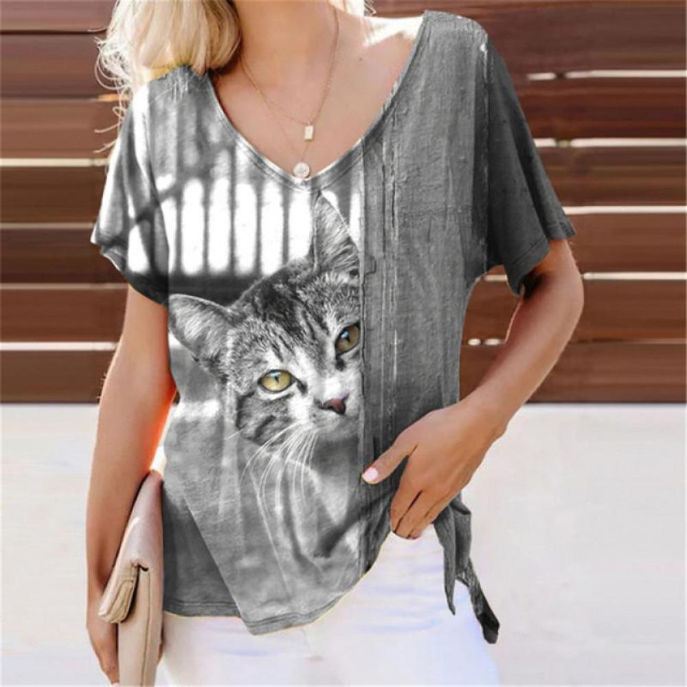 Summer Lovely Cat 3D Print T-Shirts Women Casual V-Neck Short Sleeve T Shirt Y2k Harajuku Animal Tees Loose Tops Female Clothing
