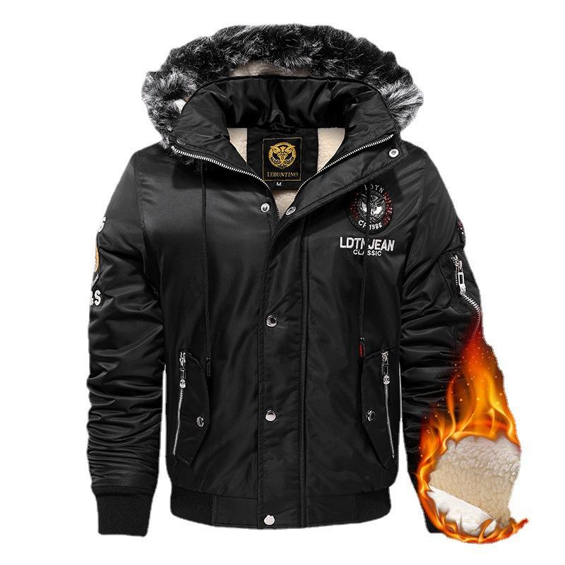 Men's LDNTNJEAN Classic Hooded Fleece-Lined Winter Coat with Detachable Fur Trim and Multiple Patches