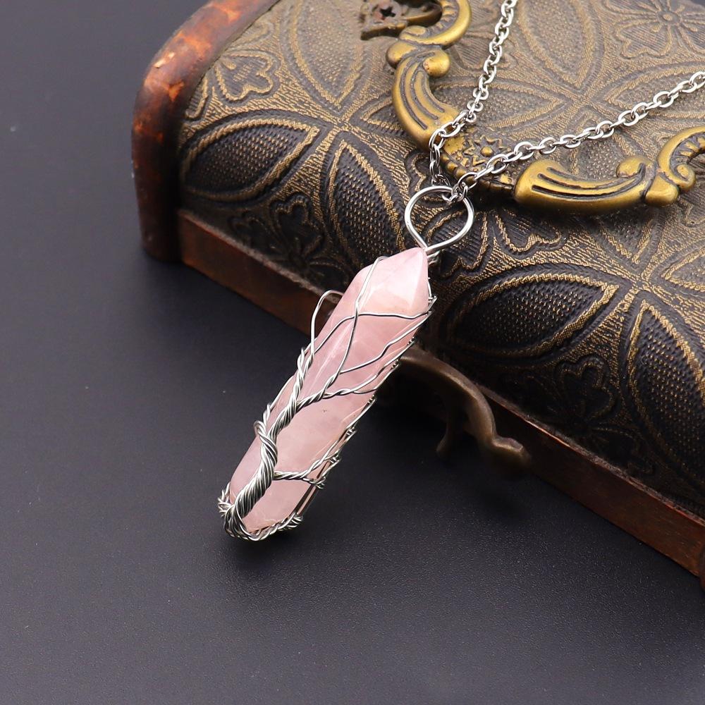 Hand-Wrapped Tree Of Life Natural Rough Stone Crystal Hexagonal Prism Necklace Fortune Tree Necklace N502