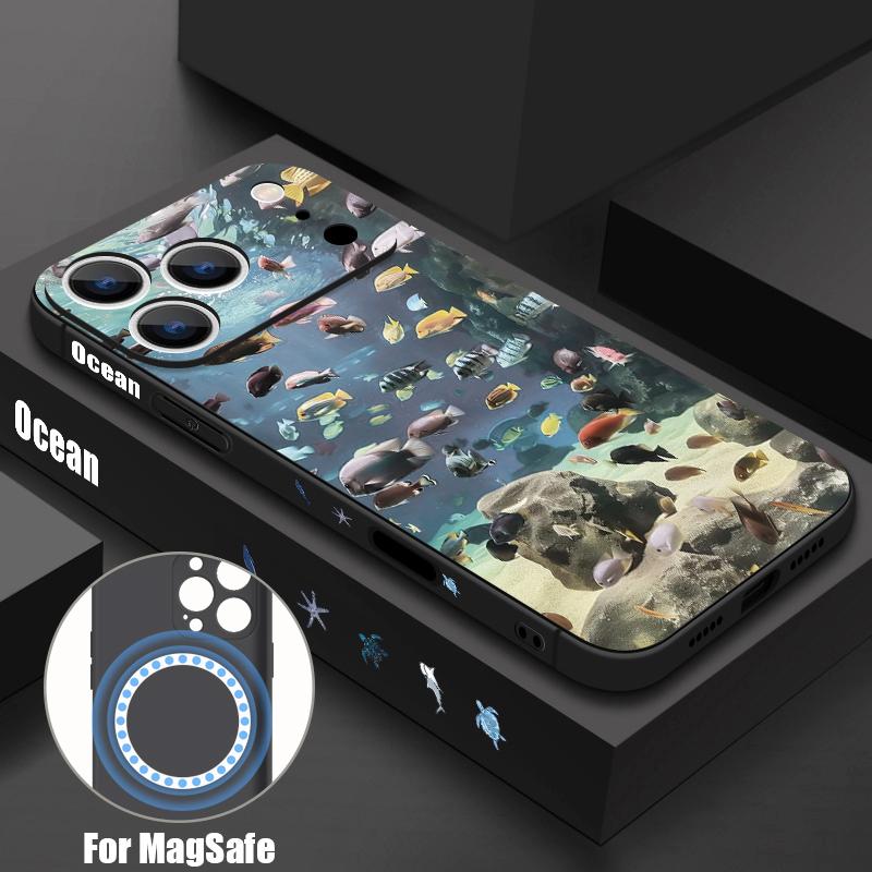 Magnetic For Magsafe Case For iPhone 17 Pro Max Deep Sea Fish Turtle Print Soft Silicone Phone Back Cover For iPhone 16 15 14 13 Pro Max 16e 17e