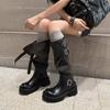 Autumn and Winter Leather Large Size Women's Boots Rubber Thick-soled Sleeve Cowhide Round Head Middle Heel Women's Leather Boots New High Boots