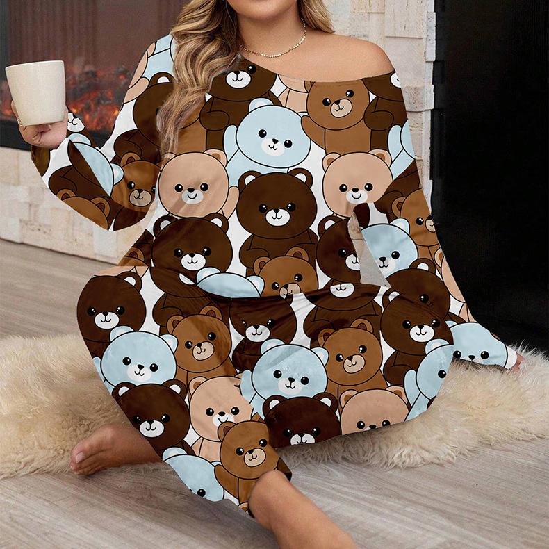 

Новая осенне-зимняя пижама женская милая мультяшный медведь свободная с принтом круглый вырез длинный рукав брюки комплект из двух предметов XL темно-коричневого
