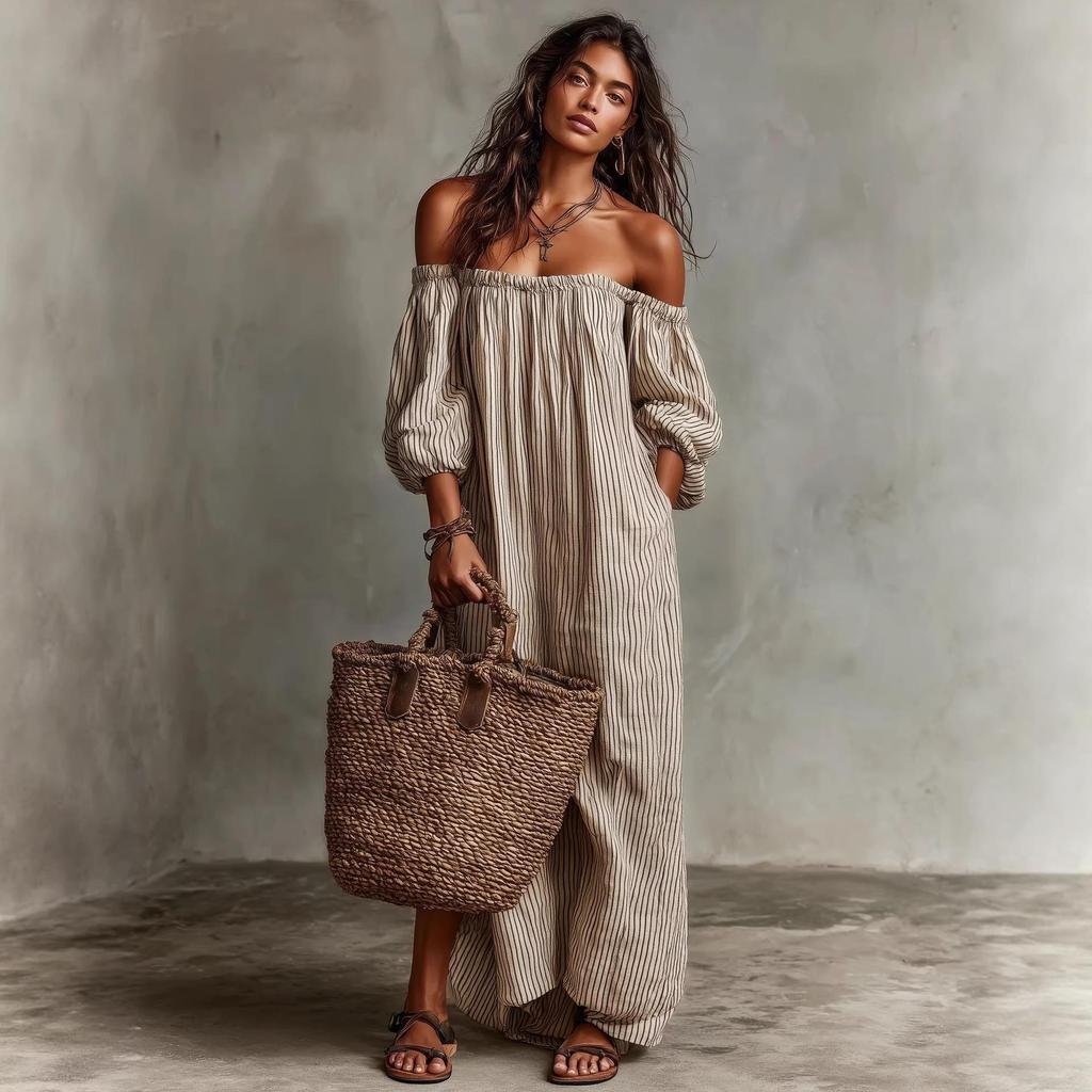 In Stock 2026: New European & American Style Women's Off-the-Shoulder Striped Dress for Spring & Summer Vacation