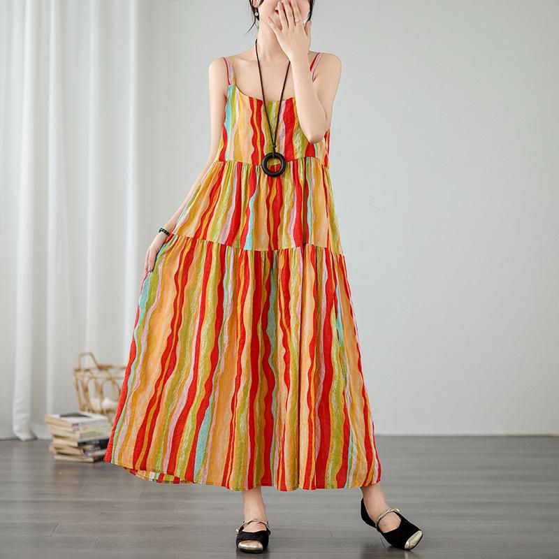 

Платье с лямкой на шее больших размеров, праздничное хлопково-льняное платье с принтом в деревенском стиле, свободные женские платья с большим подолом One Size