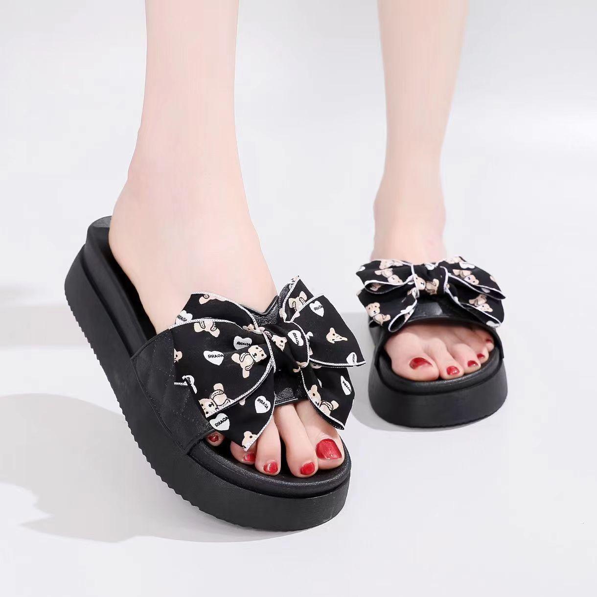 Summer Open Toe Slippers For Women, Wear-resistant Beach Shoes, Bow Shaped Women s Shoes 38 чёрный
