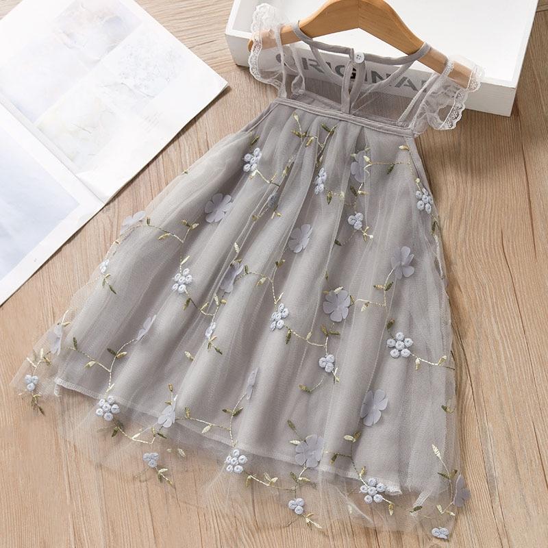 

Летняя детская одежда, вышитое цветочное кружевное сетчатое платье принцессы, одежда для девочек, детское повседневное платье А-силуэта с рукавами-крылышками 120 серый