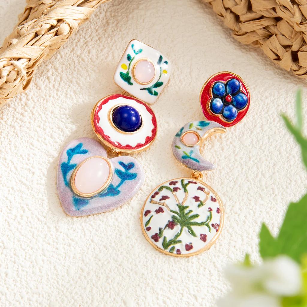 New Trendy Elegant Geometry Oil Dripping Pendant Earrings for Women Exquisite Flower Moon Drop Earrings Party Jewelry Gifts