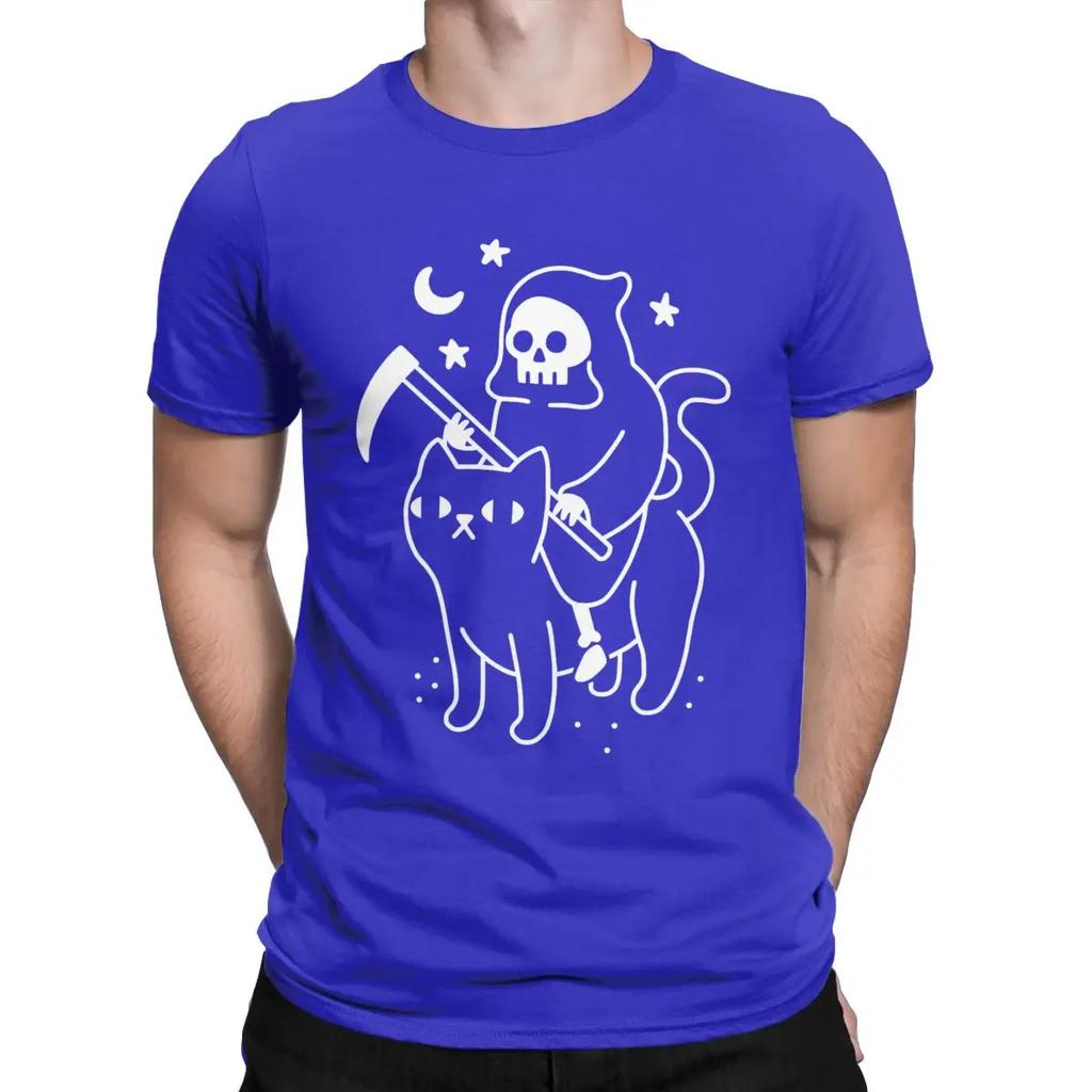 Men Death Rides A Black Cat T Shirts Halloween Skull 100% Cotton Tops Novelty Short Sleeve Round Neck Tee Shirt Gift T-Shirt
