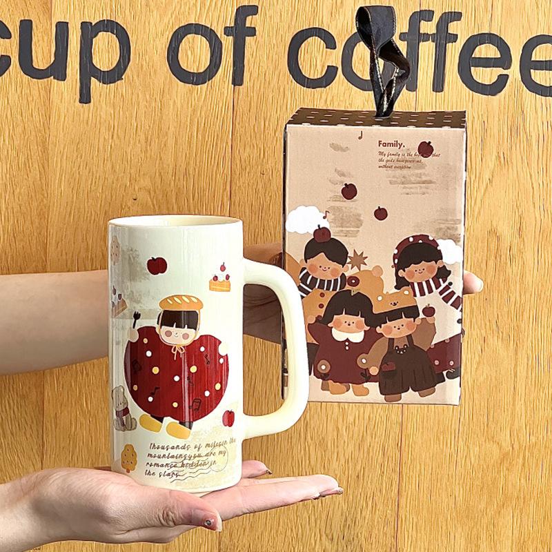 Retro Style Family of Four Boys and Girls Ceramic Mug Couple Large Capacity Coffee Cup Girl Birthday Gift