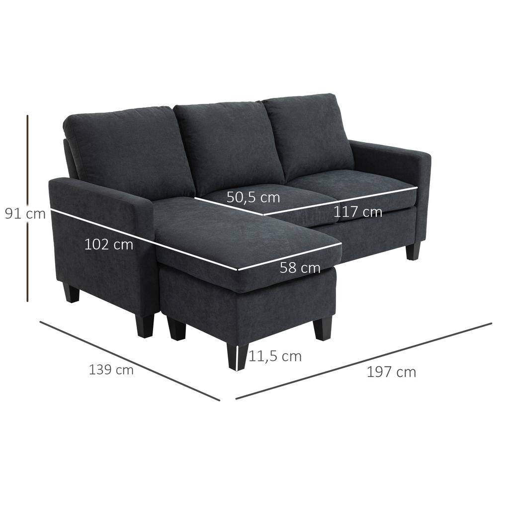 Corner Sofa, Sofa Set, with Reversible Chaise Longue, 197 X 139 X 91cm, Dark Grey