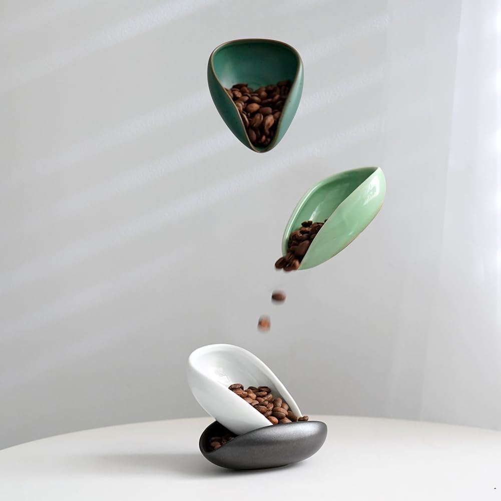 Watchget Coffee Bean Cup Ceramic Coffee Bean Measuring Cup Pottery Measuring Tray Coffee Powder Receiver Dark Green