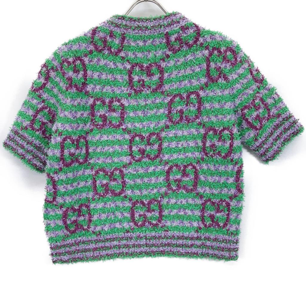 Gucci 695796 Green X Purple Cotton Maxi GG Short Sleeve Knit Tops S Green/PurpleUsed