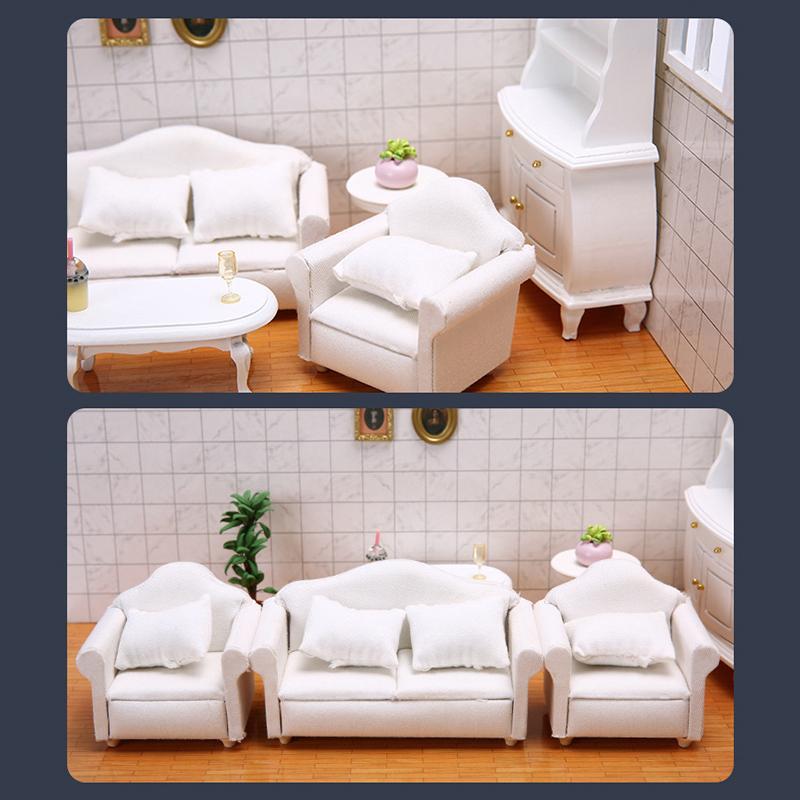 Doll House Diy Decorative Accessories 1:12 Dollhouse Miniature Furniture Sofa With Pillow White Fabric Sofa Model Scene Toy
