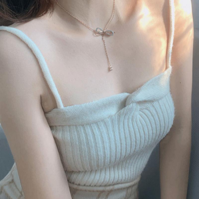 New Spring and Summer Design Kink High Waist Strap Breast Versatile Knitted Suspender Vest with Short Top for Women