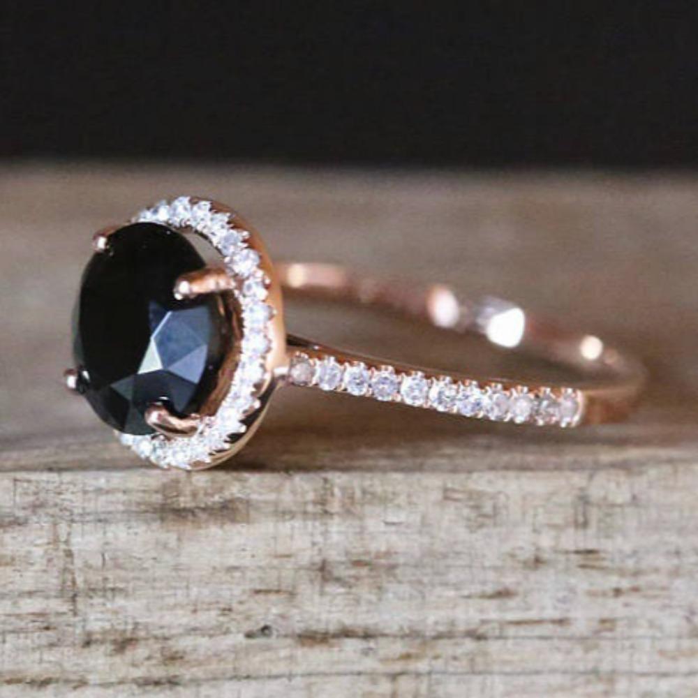 Rose Gold Plated Ring for Women with Synthetic Black Stone Micro Paved Full Diamond Jewelry