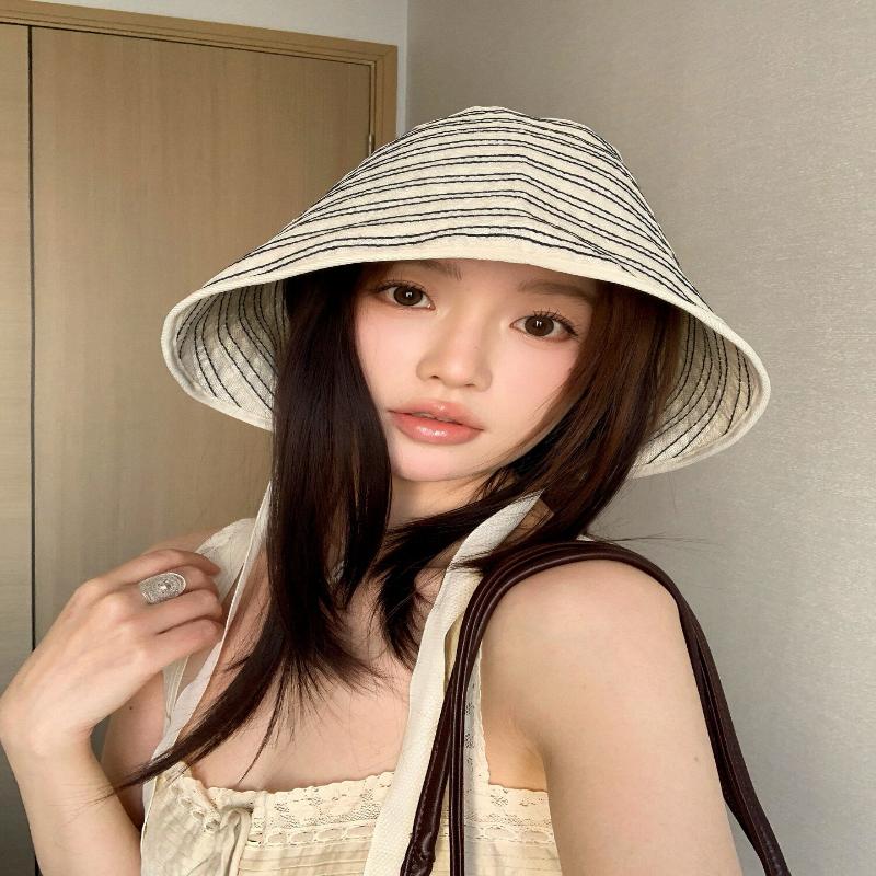 Ribbon Women Striped Fisherman Hat Wide Brim Foldable Summer Sun Hat Sun Protection Solid Color Sunshade Hat