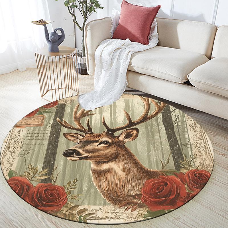 Vintage Rose Animals,Round Area Rug,Carpet Rug for Living Room Bedroom Sofa Playroom Decor,Non-slip Floor Mat