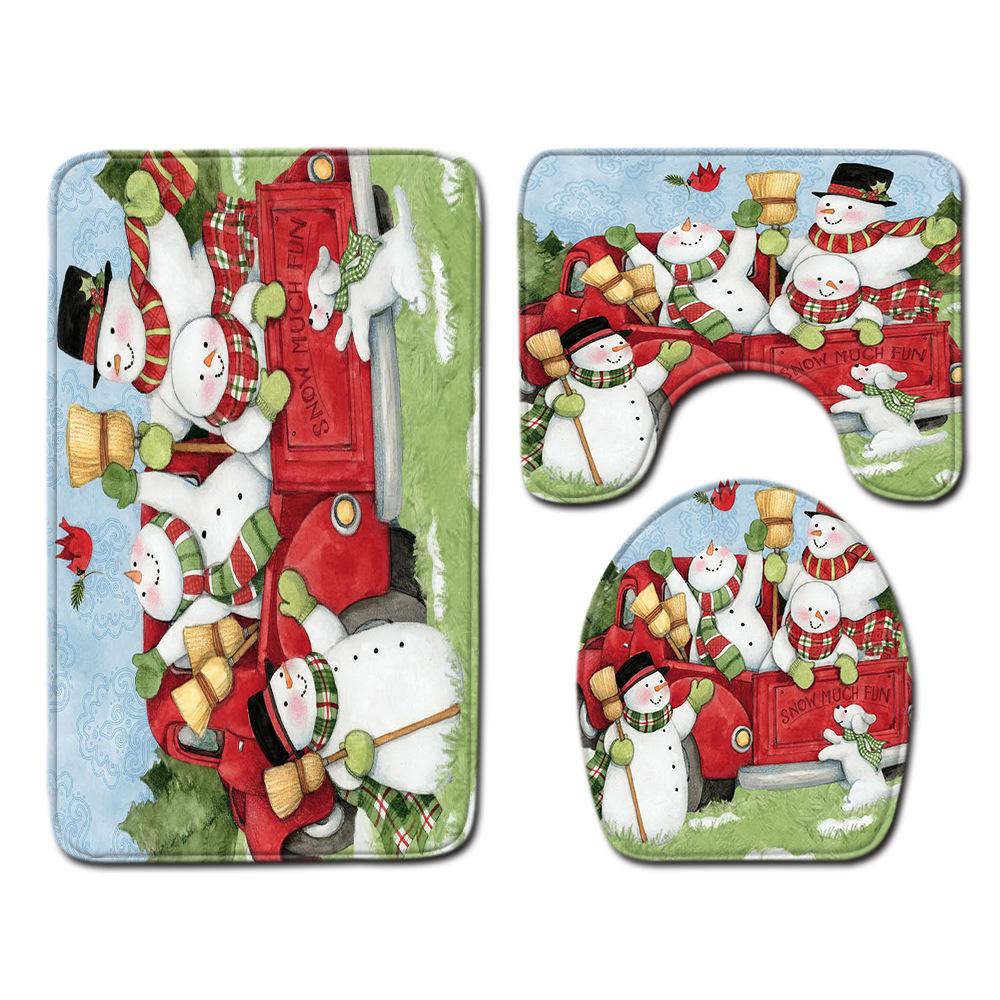 Christmas Shower Curtain Floor Mat Combination Four-Piece Set Bathroom Toilet Carpet Shower Room Mat Foot Mat
