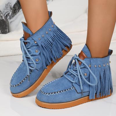 Bottines à talons plats et pompons tendance pour femmes, bottines de cowboy western à lacets et rivets vintage, bottines courtes antidérapantes pour femmes