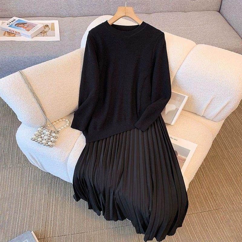 

Irregular Patchwork Two-Piece Wool Dress for Curvy Women, Spring/Autumn, Plus Size, Knit Pleated Design 2XL (65-70 kg) чорний