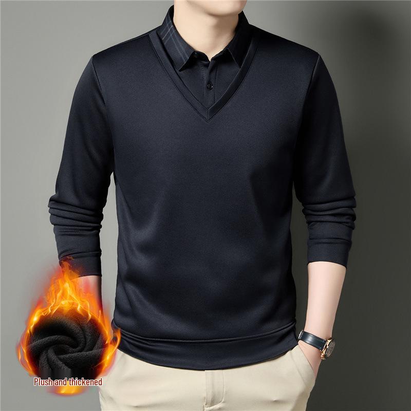 Men's Winter Thickened Velvet Two-Piece Faux Layered POLO Shirt with Warm Lapel - Long Sleeve for Middle-Aged Dad