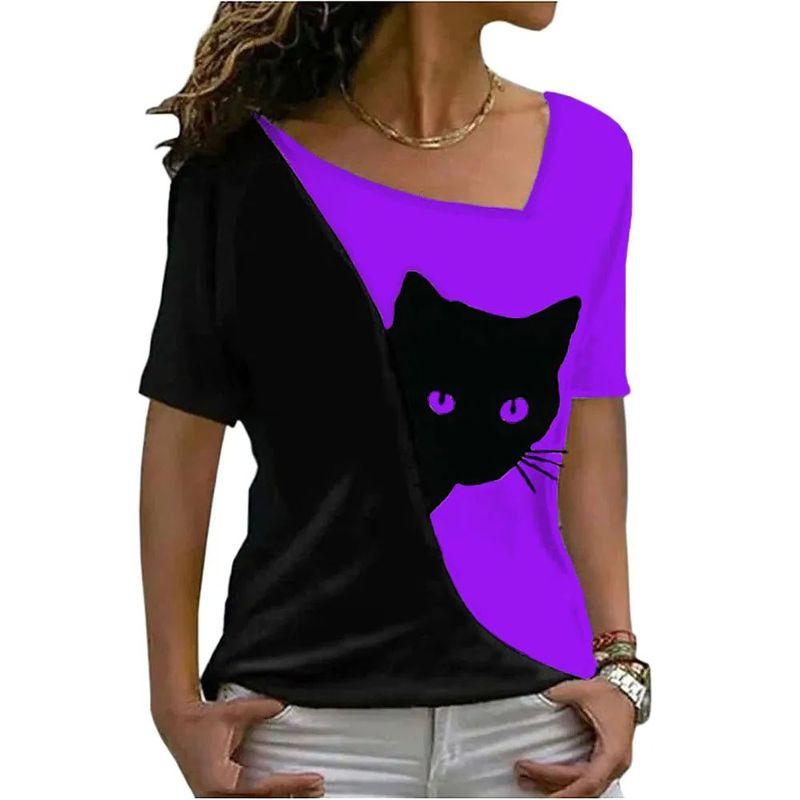 Diagonal Collar Black Cat Printed T-shirt Diagonal Collar Black Cat Print T-shirt