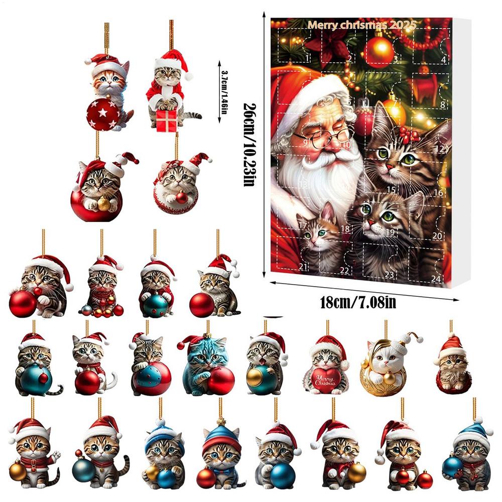 2D Acrylic Cat Christmas Ornaments Advent Calendar with Hanging String, 24-Day Countdown Calendar Kitten Charm for Tree Decor