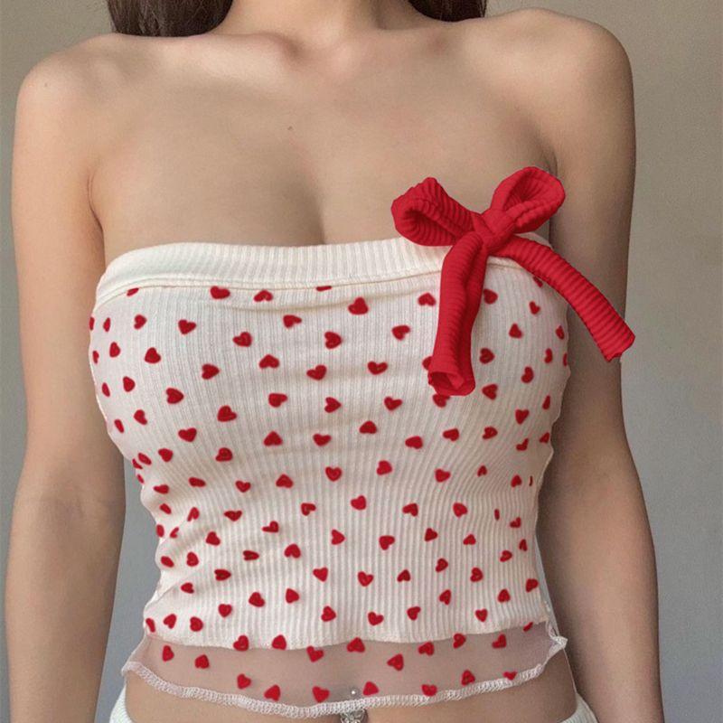 

French Sweet and Spicy Young Adult Pure Desire Style Dot Mesh Bows Tube Top Vest Female Summer Slim Fit Backless Sexy Top Red L