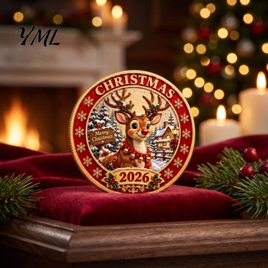 Einzigartige Weihnachtsstrumpffüller 2026 Münze, Feiertags-Gedenkstück mit geprägten bunten Reliefkunstmünzen Weihnachtsmann/Lebkuchenmann/Schneemann/Elch