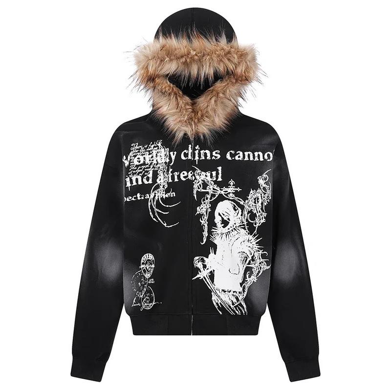 European and American autumn and winter pure color casual personality graffiti print plush hat edge trend women's fashion hooded sweatshirt