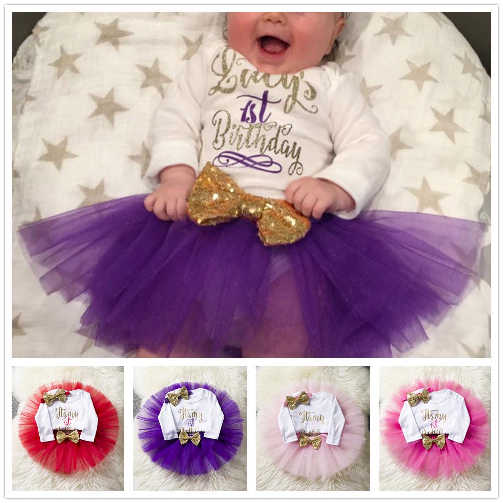Buy Girls First Birthday Party 3 PCS Outfits Long Sleeve 1st First Birthday Dress Sequined Bow
