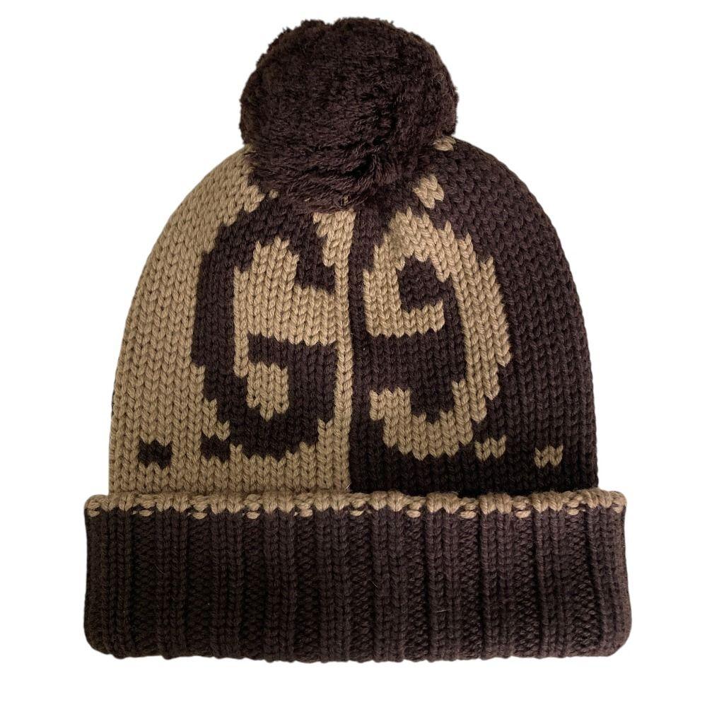 Used Good Condition GUCCI Gucci GG Pattern Pom Pom Knit Cap Brown x Beige Ladies Old Clothes Used USED