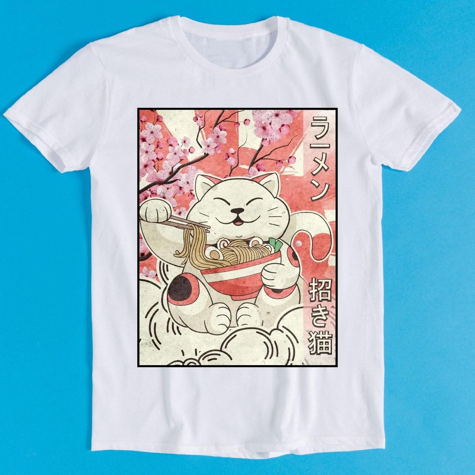 Japanese Noodles Maneki Neko Cat Ramen Meme Funny Gift Tee T-Shirt K1884 4XL