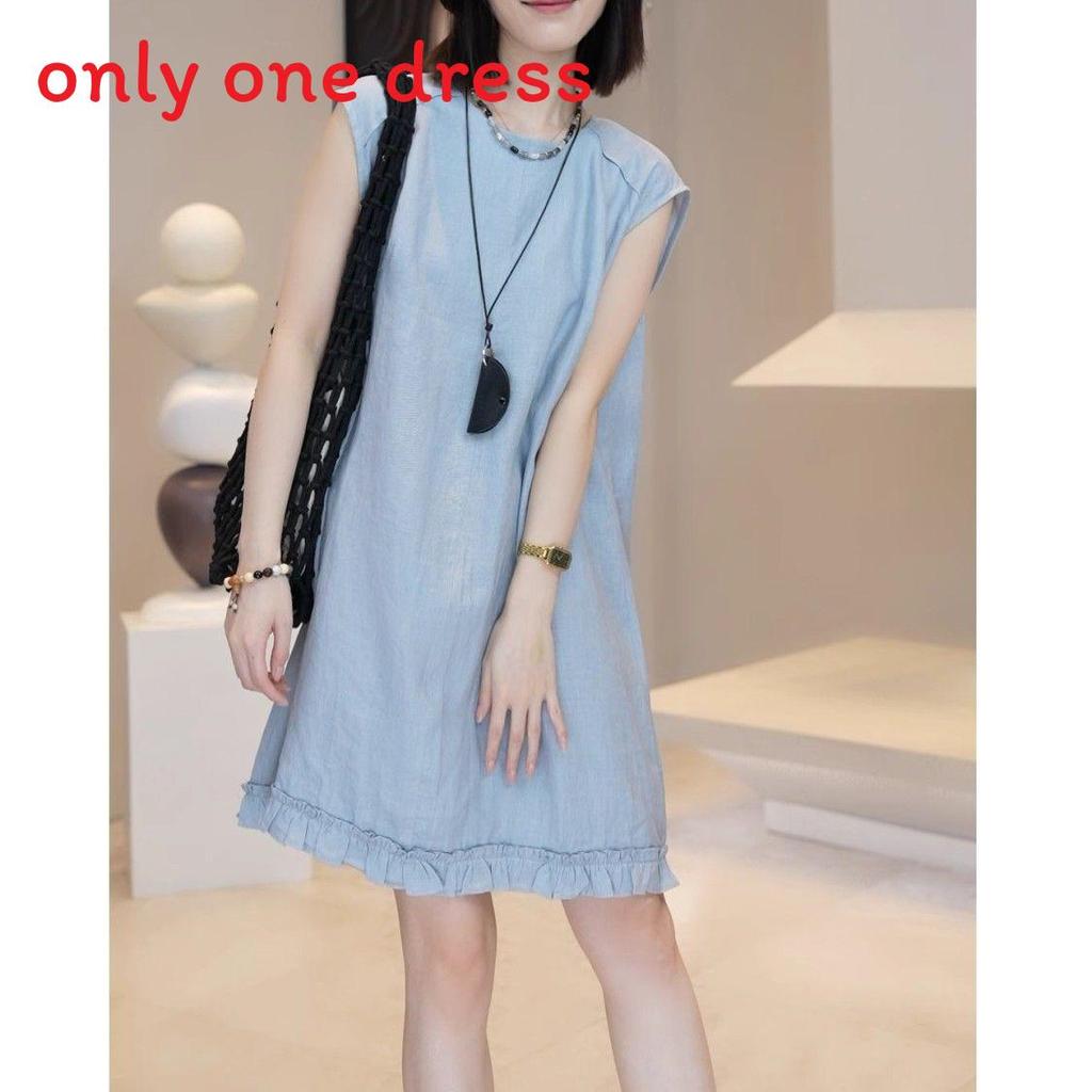 Summer Slimming Vintage Cotton Linen Dress With Round Neck For Casual And Travel Wear