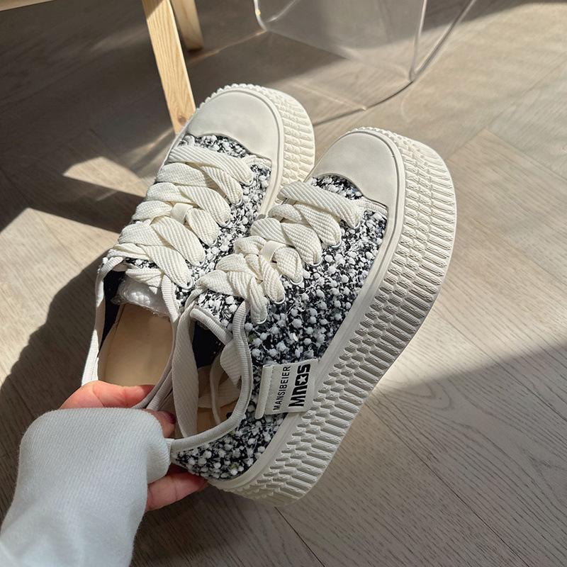 Clearing Air Mesh White Shoes Shiny Sequined Women Casual Thick-Soled Flats Shoes Female Casual Sneaker Sports Canvas Shoes