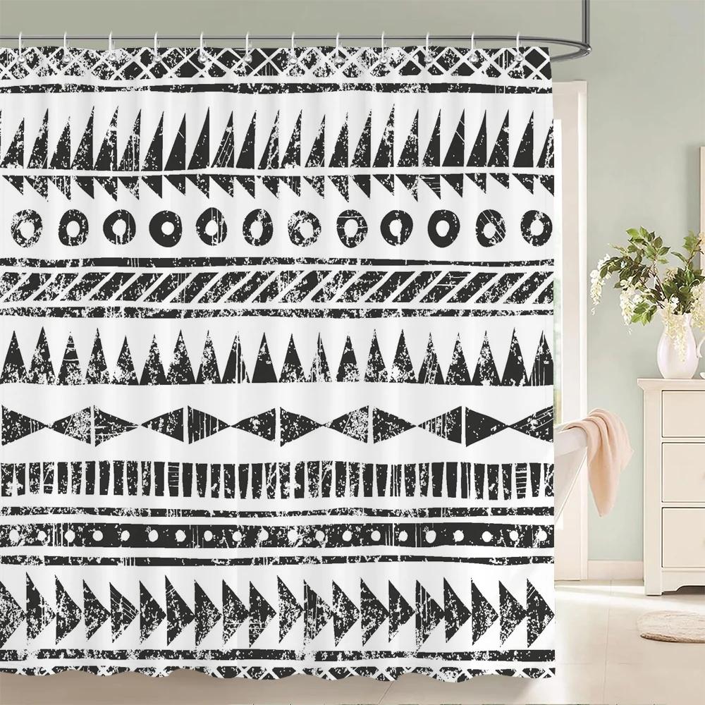 1 Pc Black White Geometric Print Polyester Shower Curtain Waterproof Fabric Partition Bathroom Curtain ,Decoration Bath Curtain