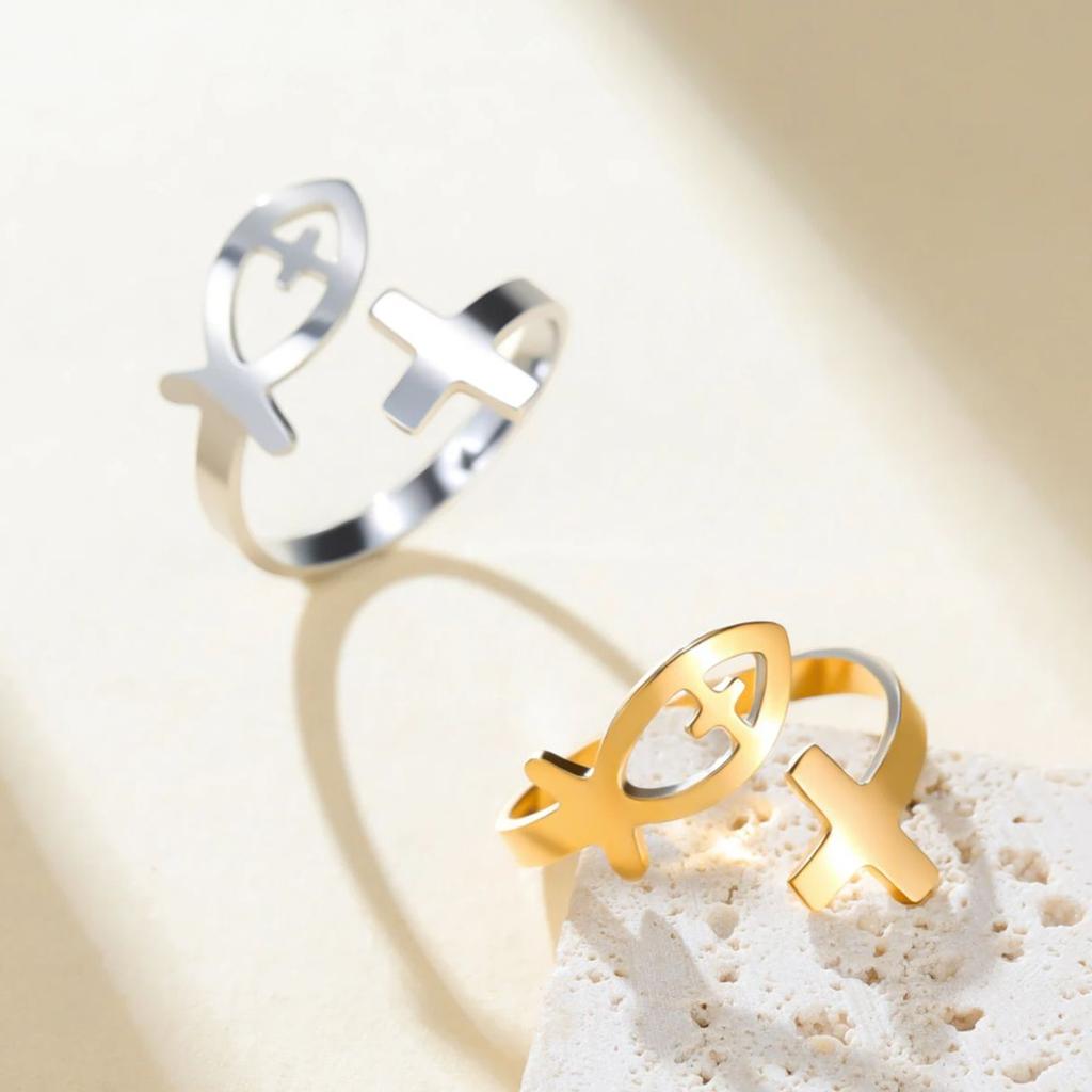 Jesus Fish Cross Open Rings for Women Stainless Steel Christian Adjustable Finger Rings Jewelry Birthday Protection Gift