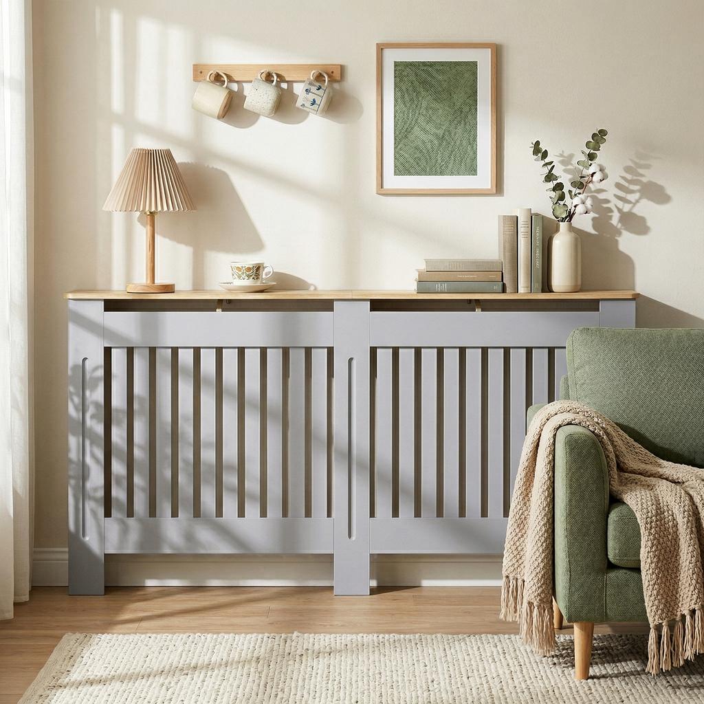 Slatted Radiator Cover Painted Cabinet With Line Grill Design 172L * 19W * 81H Cm Grey
