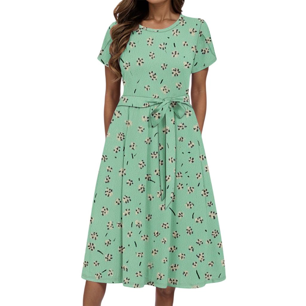 Women's Summer Fashion Round Neck Casual Plant Floral Print Short Sleeve Dress
