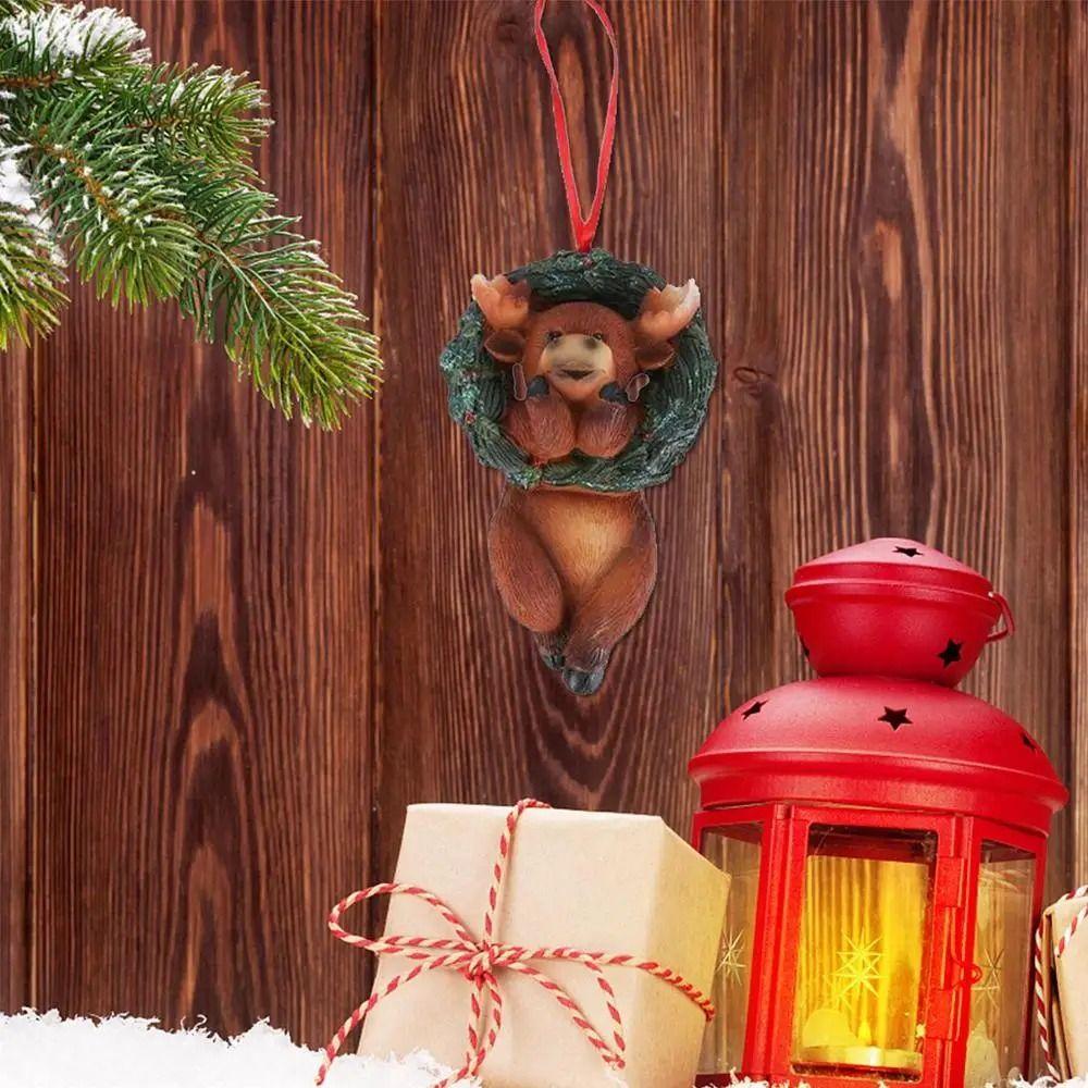 Resin Crafts Christmas Tree Pendant Cartoon Animals Mini Bear Statue Wreath  Room Decoration
