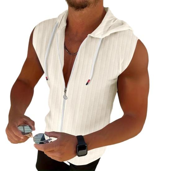 Men Hooded Zip-up T-Shirt Jacquard Sleeveless Hoodie Tee Stylish Textured Summer Tank Top for Gym Street Party Holiday S абрикосовый